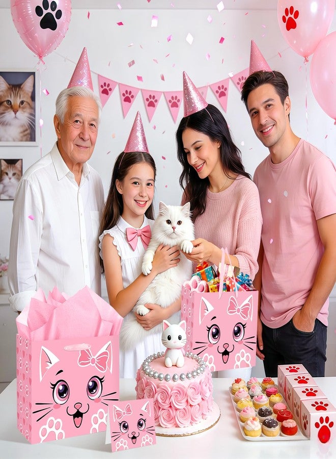 Woosytoo Pink Cat Gift Bag Cute Cat Birthday Gift Bag with Tissue Paper and Card Funny Meow Kitty Wrapping Paper Kawaii Heart Paw Print Gift Bags for Girls Kids Pets Cats Birthday Baby Shower Party Decor - Image 2